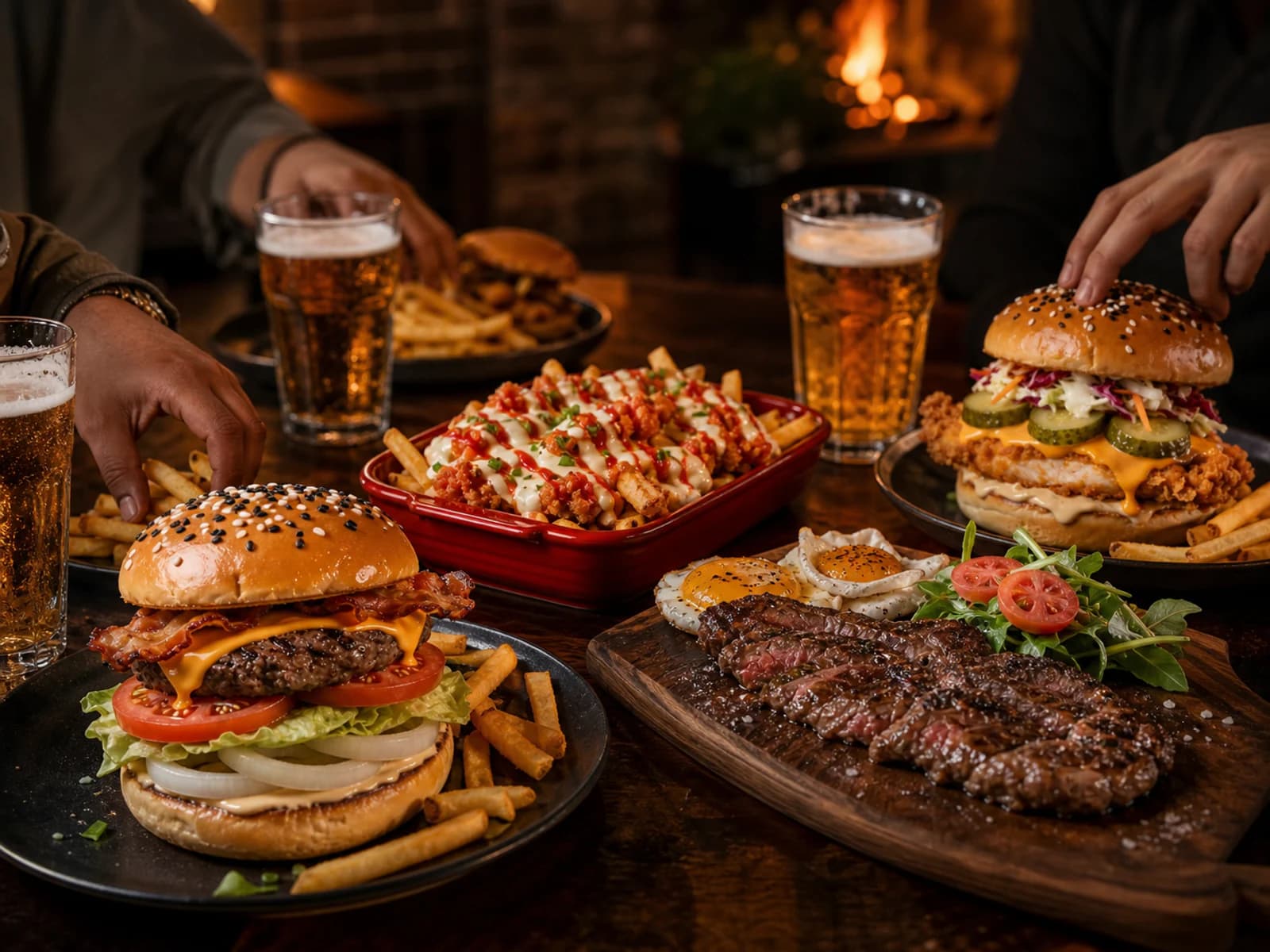 Shared dinner table with MAD ROOSTA burgers, loaded fries, steak and beer