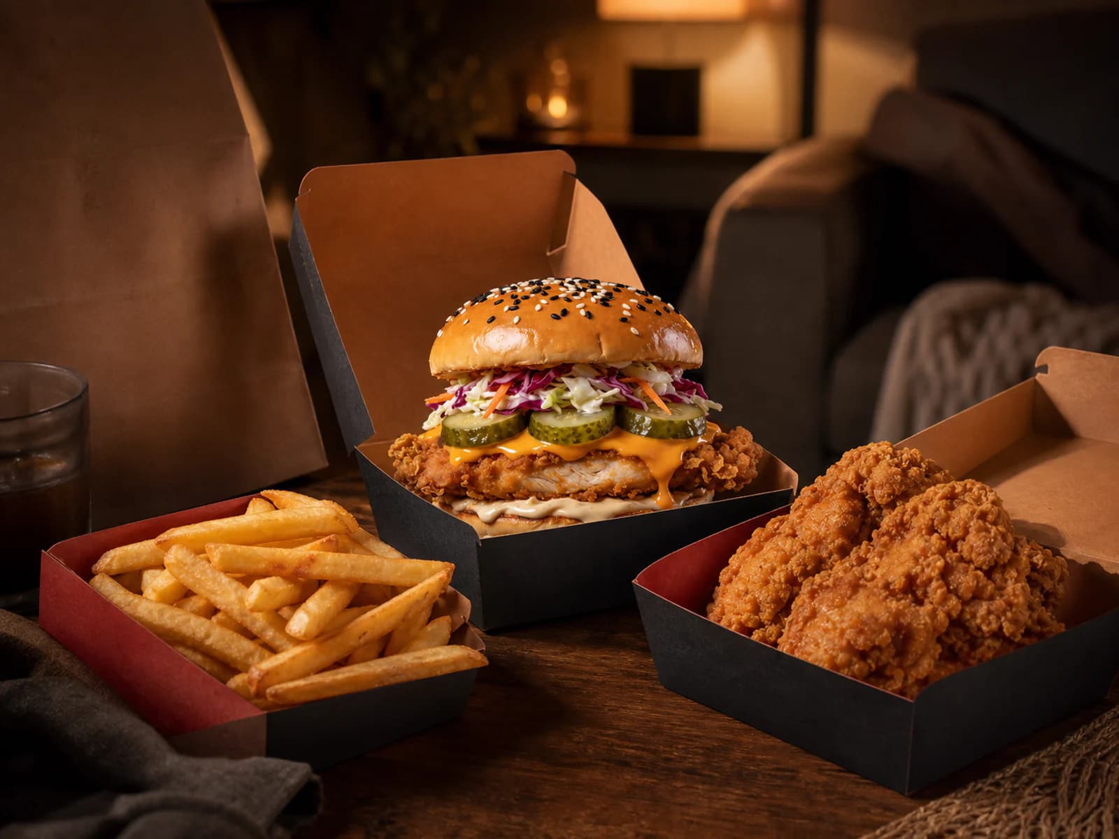 MAD ROOSTA burger, fries and crispy chicken in unbranded takeaway boxes at home