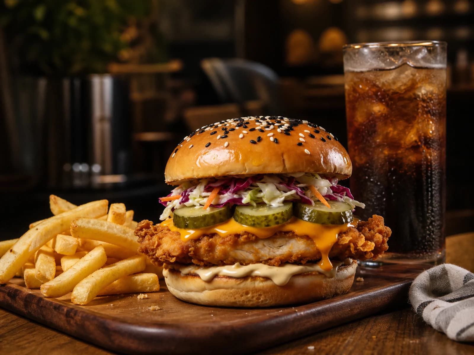 Chicken Cheddar burger with fries and a cold drink for a quick lunch