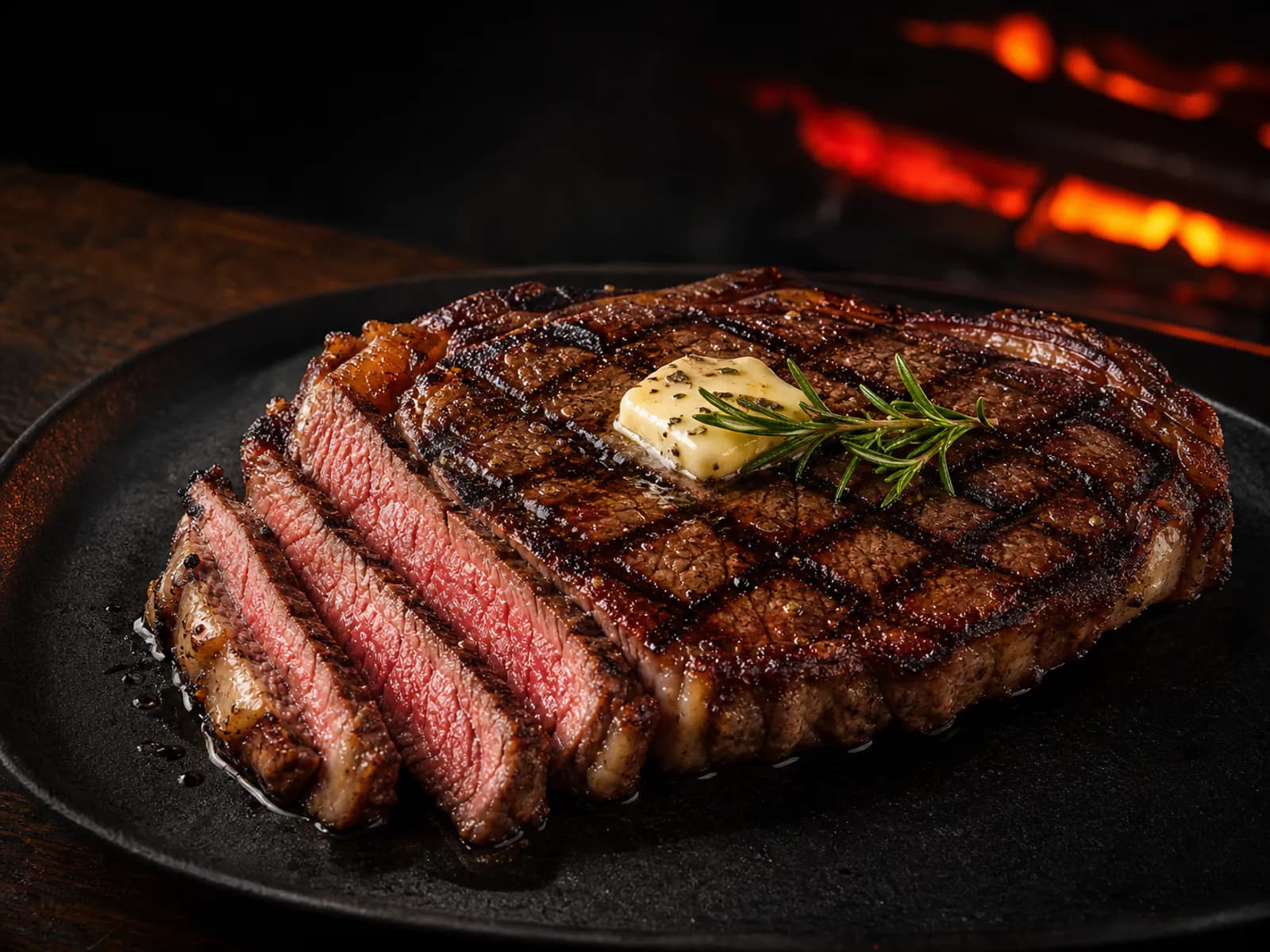 Flame-grilled steak served on a dark plate at MAD ROOSTA